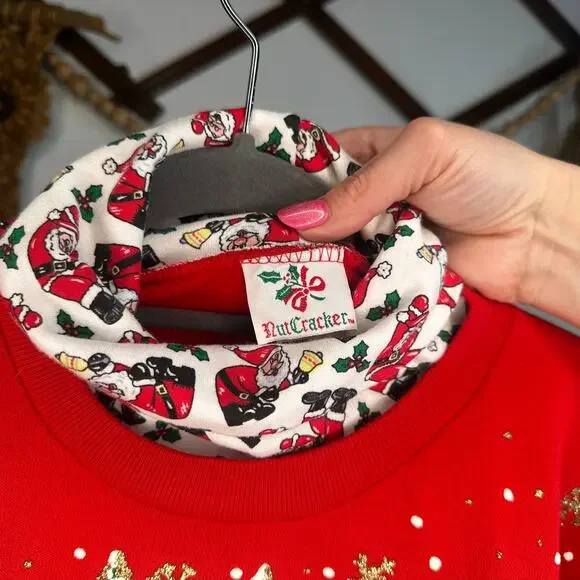 Vintage Nutcracker Puffy Glitter Santa Collared Pullover Sweatshirt - Picture 4 of 5